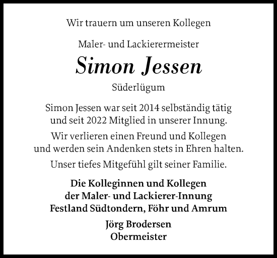 Traueranzeige von Simon Jessen von Husumer Nachrichten, Nordfriesland Tageblatt