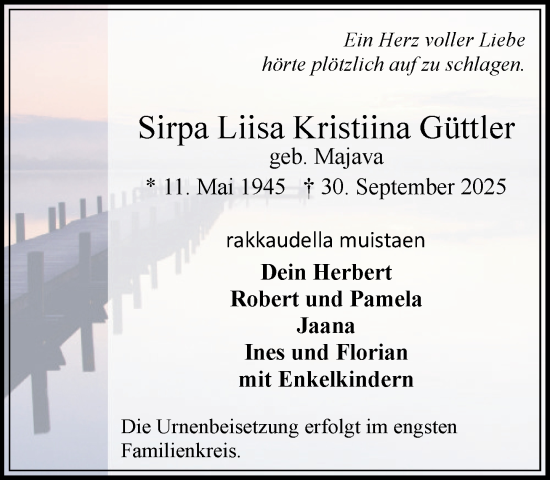Traueranzeige von Sirpa Liisa Kristiina Güttler von Wochenend Anzeiger