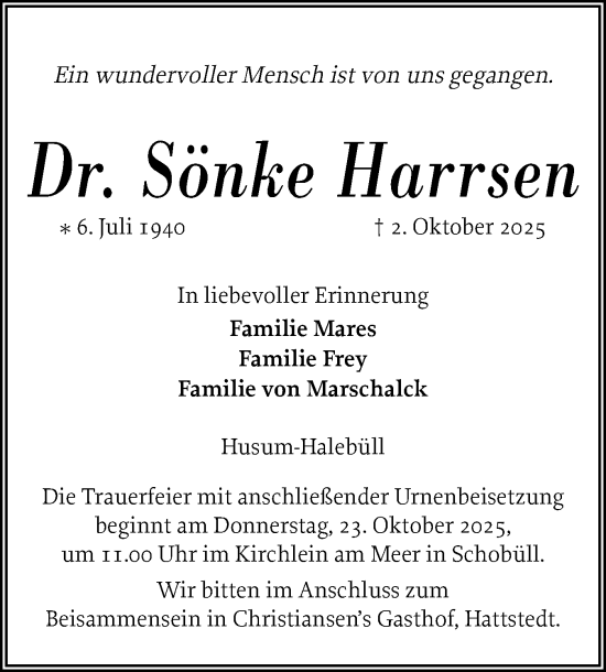 Traueranzeige von Sönke Harrsen von Husumer Nachrichten, Nordfriesland Tageblatt