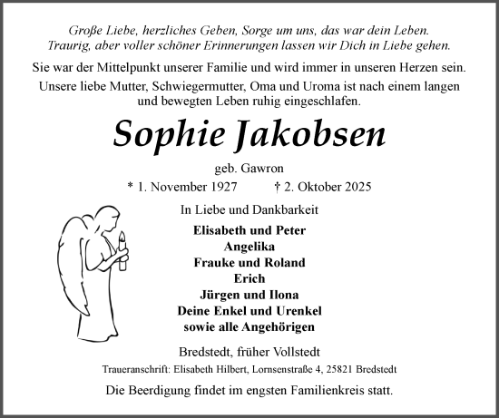 Traueranzeige von Sophie Jakobsen von Husumer Nachrichten, Nordfriesland Tageblatt