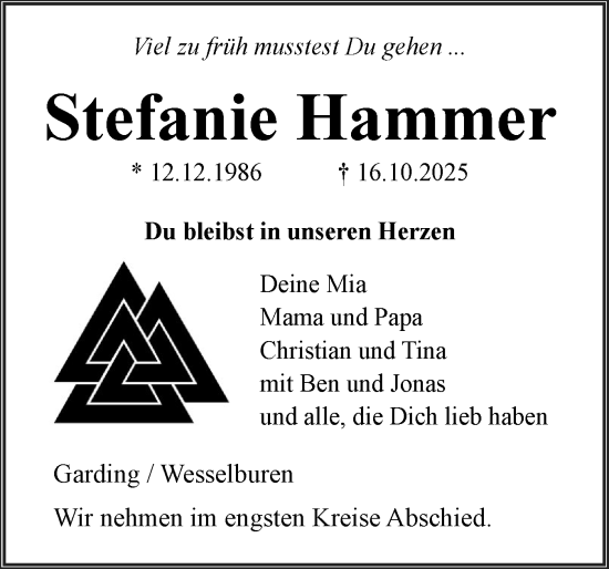 Traueranzeige von Stefanie Hammer von Husumer Nachrichten, Nordfriesland Tageblatt