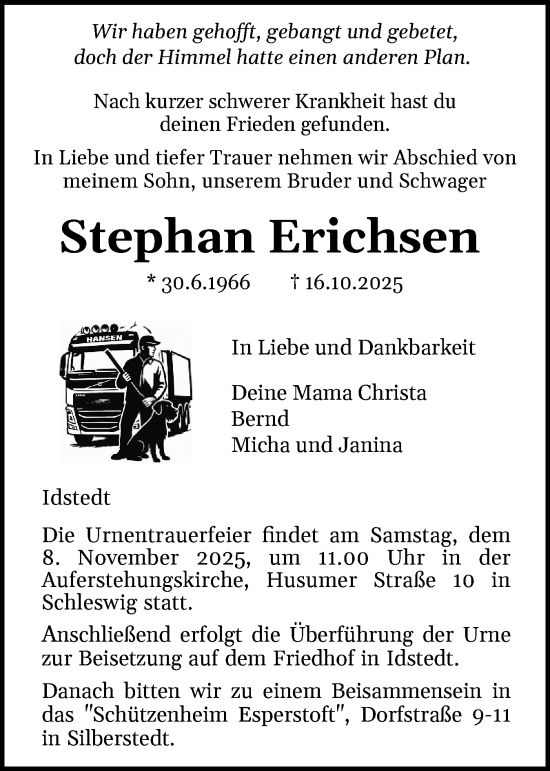 Traueranzeige von Stephan Erichsen von Schleswiger Nachrichten, Schlei-Bote