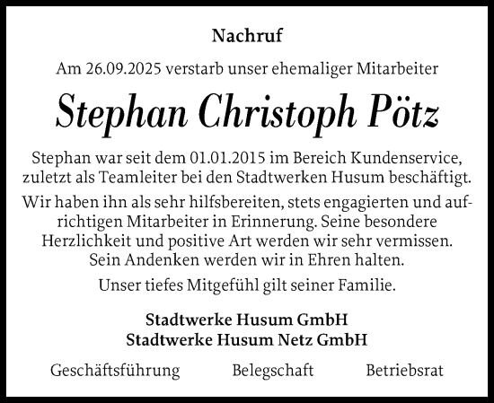 Traueranzeige von Stephan Christoph Pötz von Husumer Nachrichten, Nordfriesland Tageblatt