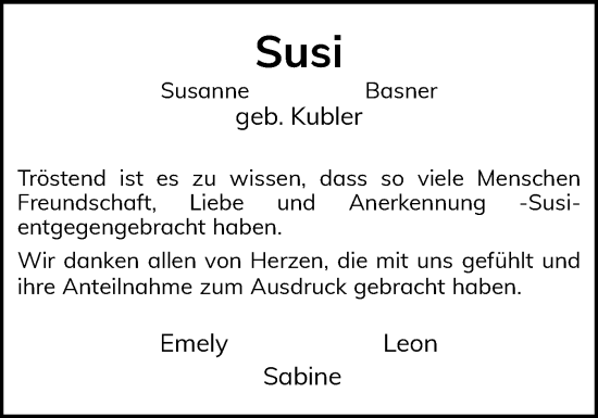 Traueranzeige von Susanne Basner von Die WochenSchau Gesamtausgabe