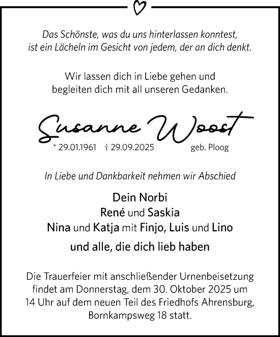 Traueranzeige von Susanne Woost von MARKT Ahrensburg/Bargteheide/Trittau und Stormarner Tageblatt