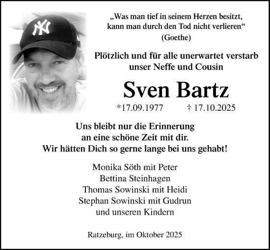 Traueranzeige von Sven Bartz von MARKT Ratzeburg/Mölln
