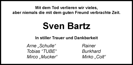 Traueranzeige von Sven Bartz von MARKT Ratzeburg/Mölln