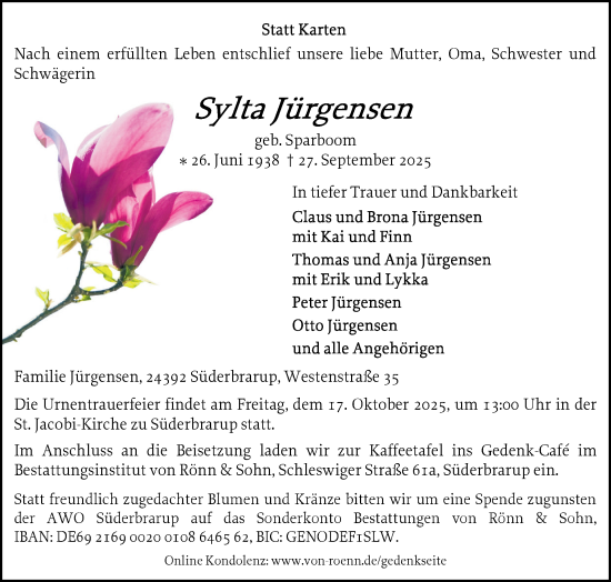 Traueranzeige von Sylta Jürgensen von Region Flensburg
