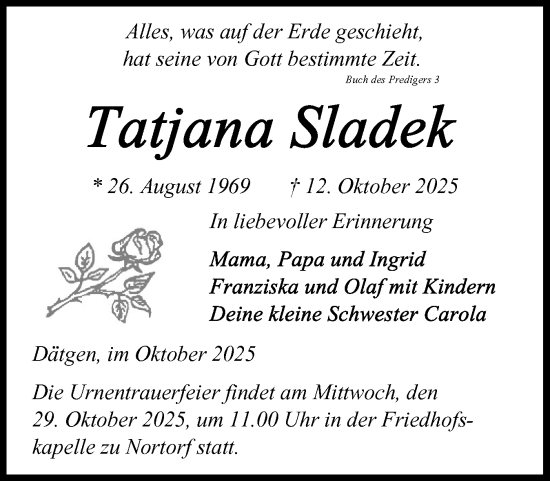 Traueranzeige von Tatjana Sladek von Schleswig-Holsteinische Landeszeitung
