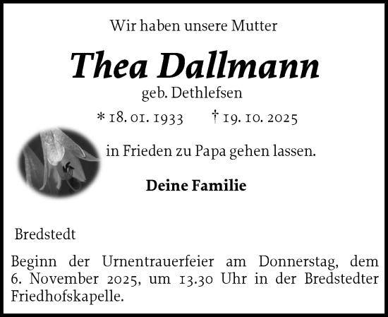Traueranzeige von Thea Dallmann von Die WochenSchau Gesamtausgabe