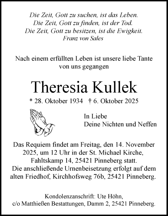 Traueranzeige von Theresia Kullek von Region Pinneberg und tip Pinneberg