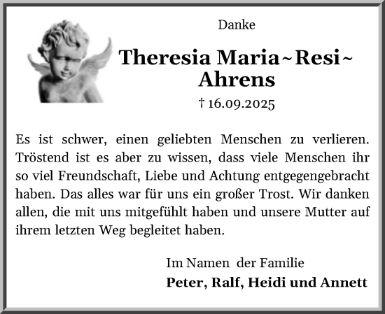 Traueranzeige von Theresia Maria Ahrens von Husumer Nachrichten, Nordfriesland Tageblatt