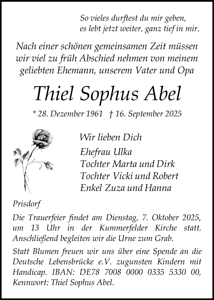  Traueranzeige für Thiel Sophus Abel vom 04.10.2025 aus Region Pinneberg und tip Pinneberg