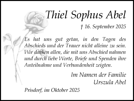 Traueranzeige von Thiel Sophus Abel von Region Pinneberg und tip Pinneberg