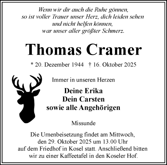 Traueranzeige von Thomas Cramer von Eckernförder Zeitung, Hallo Eckernförde