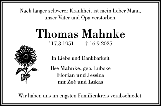 Traueranzeige von Thomas Mahnke von MARKT Ratzeburg/Mölln