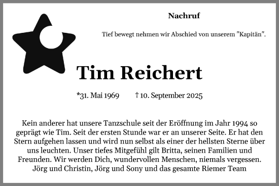 Traueranzeige von Tim Reichert von Wedel-Schulauer Tageblatt, tip Wedel-Schulauer Tageblatt, tip Rissener Rundschau
