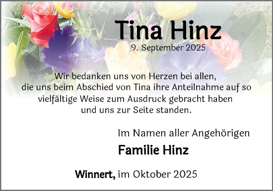 Traueranzeige von Tina Hinz von Husumer Nachrichten, Nordfriesland Tageblatt