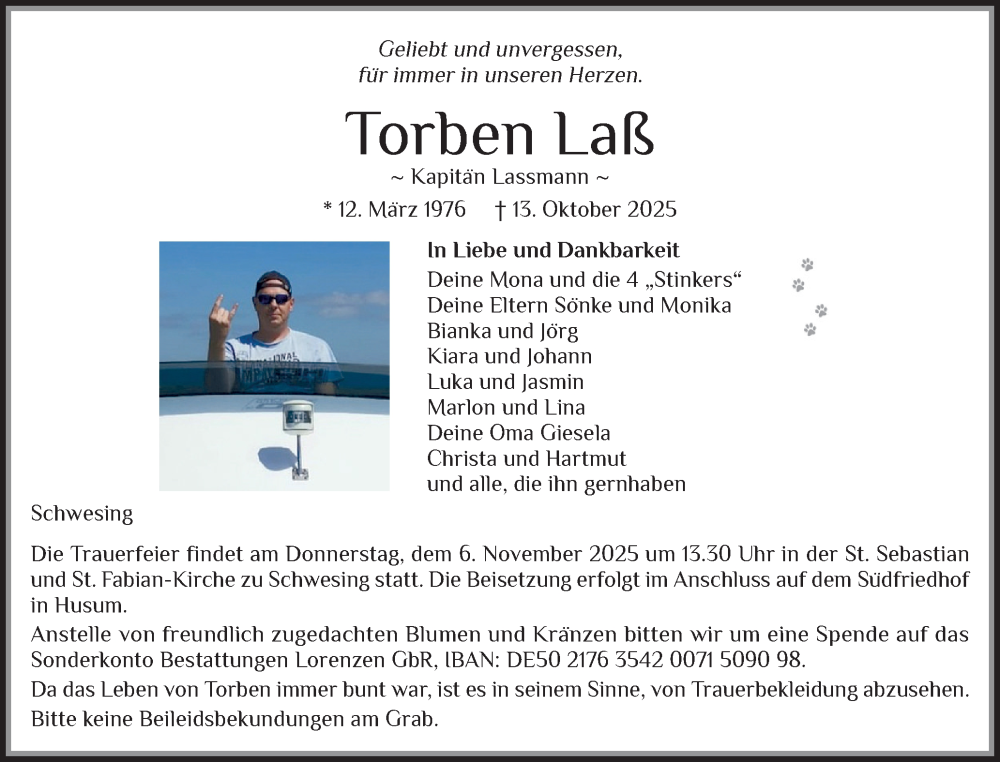  Traueranzeige für Torben Laß vom 01.11.2025 aus Husumer Nachrichten, Nordfriesland Tageblatt