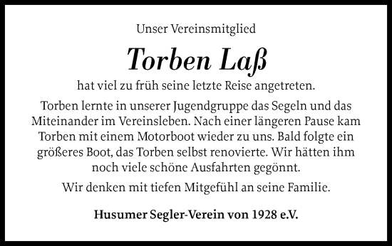 Traueranzeige von Torben Laß von Husumer Nachrichten, Nordfriesland Tageblatt