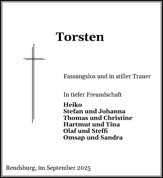 Traueranzeige von Torsten  von Schleswig-Holsteinische Landeszeitung