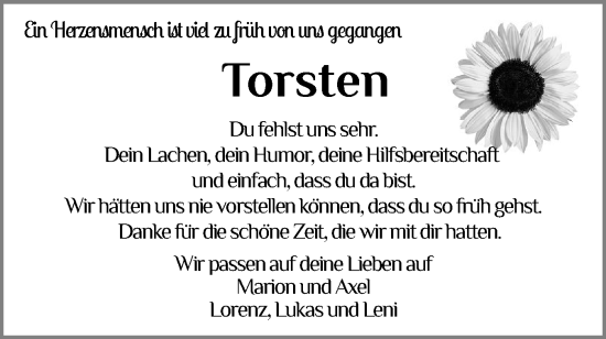 Traueranzeige von Torsten  von Schleswig-Holsteinische Landeszeitung