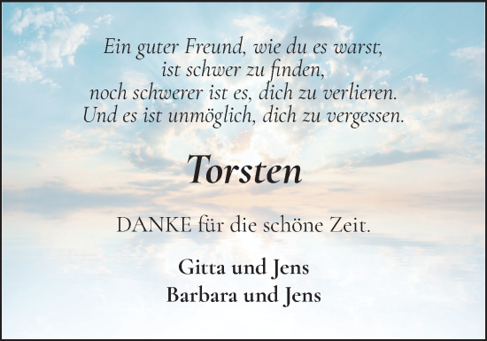 Traueranzeige von Torsten  von Schleswig-Holsteinische Landeszeitung