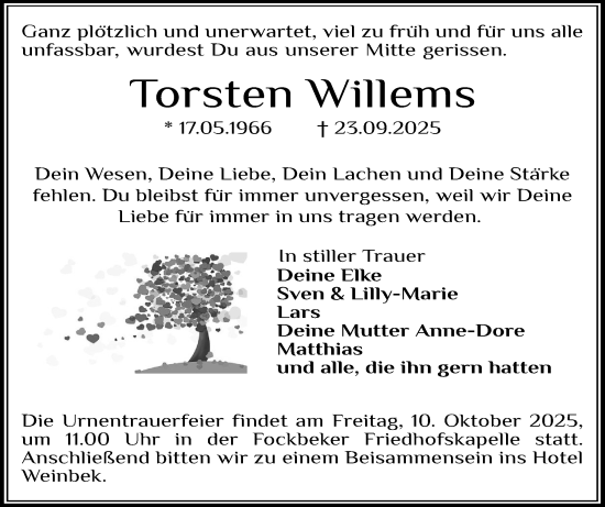 Traueranzeige von Torsten Willems von Schleswig-Holsteinische Landeszeitung