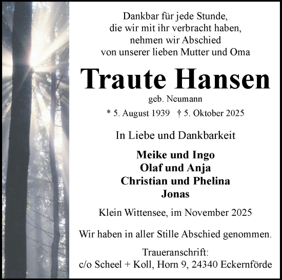 Traueranzeige von Traute Hansen von Eckernförder Zeitung, Hallo Eckernförde