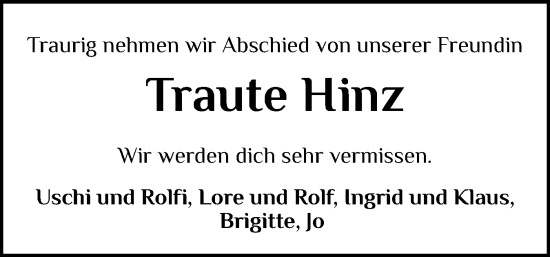 Traueranzeige von Traute Hinz von Eckernförder Zeitung, Hallo Eckernförde