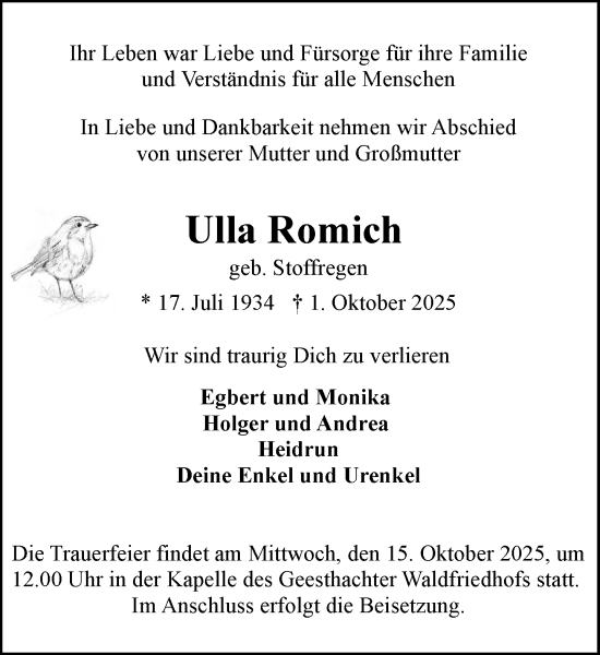 Traueranzeige von Ulla Romich von Wochenend Anzeiger