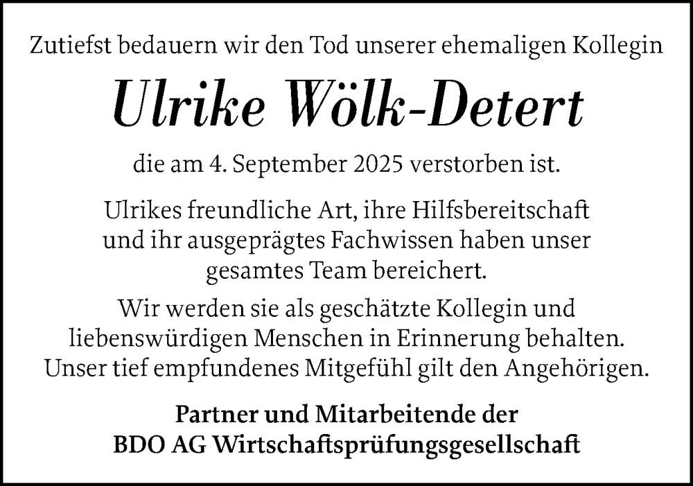  Traueranzeige für Ulrike Wölk-Detert vom 11.10.2025 aus Flensburger Tageblatt