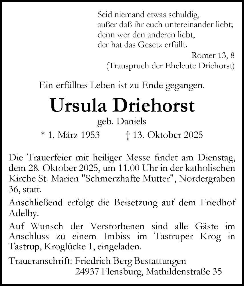  Traueranzeige für Ursula Driehorst vom 25.10.2025 aus Flensburger Tageblatt