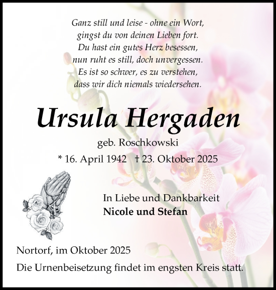 Traueranzeige von Ursula Hergaden von Schleswig-Holsteinische Landeszeitung