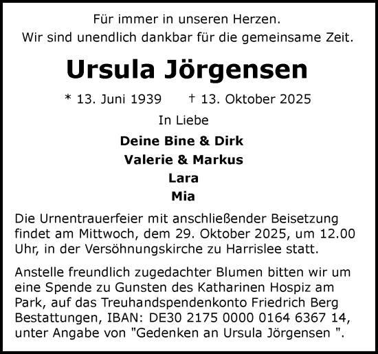 Traueranzeige von Ursula Jörgensen von Flensburger Tageblatt