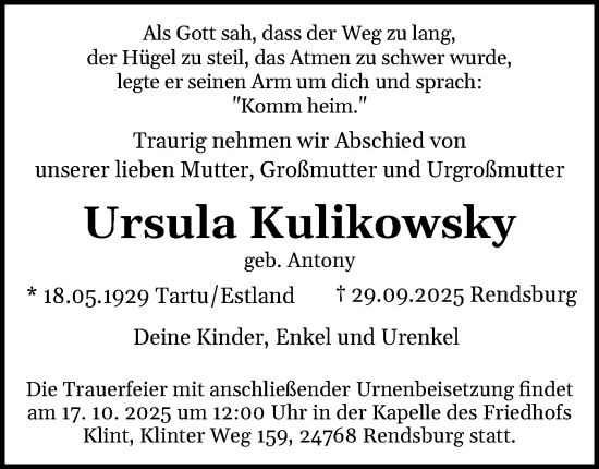 Traueranzeige von Ursula Kulikowsky von Schleswig-Holsteinische Landeszeitung