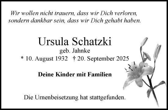 Traueranzeige von Ursula Schatzki von Wochenend Anzeiger