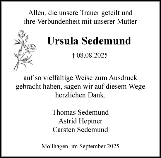 Traueranzeige von Ursula Sedemund von MARKT Bad Oldesloe/Reinfeld und Stormarner Tageblatt