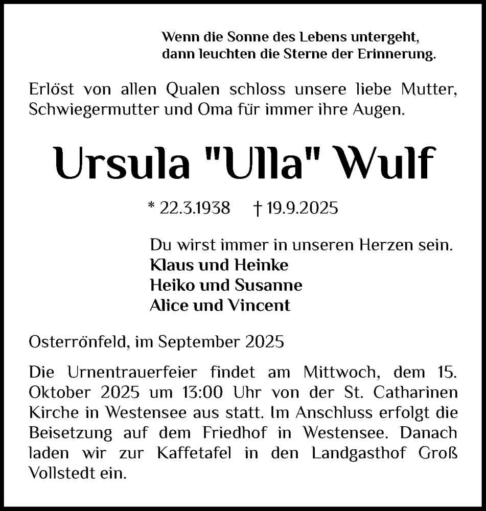  Traueranzeige für Ursula Wulf vom 04.10.2025 aus Schleswig-Holsteinische Landeszeitung