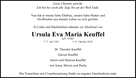 Traueranzeige von Ursula Eva Maria Keuffel von MARKT Ratzeburg/Mölln