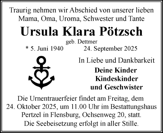 Traueranzeige von Ursula Klara Pötzsch von Flensburger Tageblatt