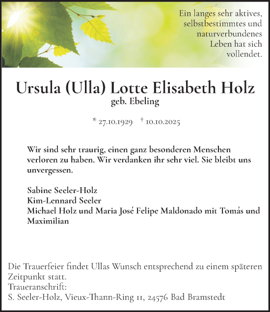 Traueranzeige von Ursula Lotte Elisabeth Holz von Uetersener Nachrichten, Der tip am Wochenende