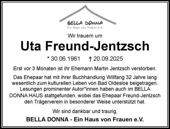 Traueranzeige von Uta Freund-Jentzsch von MARKT Bad Oldesloe/Reinfeld und Stormarner Tageblatt