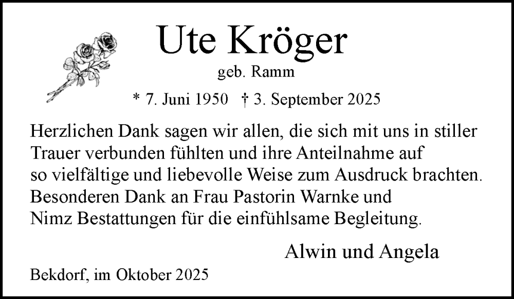  Traueranzeige für Ute Kröger vom 18.10.2025 aus Norddeutsche Rundschau, Wilstersche Zeitung, Glückstädter Fortuna
