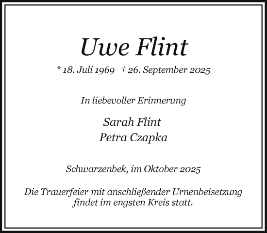 Traueranzeige von Uwe Flint von Wochenend Anzeiger