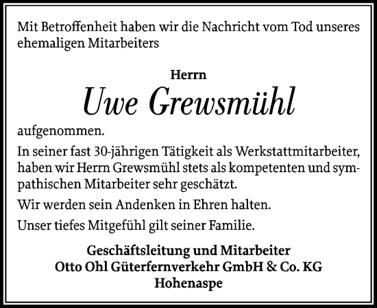 Traueranzeige von Uwe Grewsmühl von Norddeutsche Rundschau, Wilstersche Zeitung, Glückstädter Fortuna