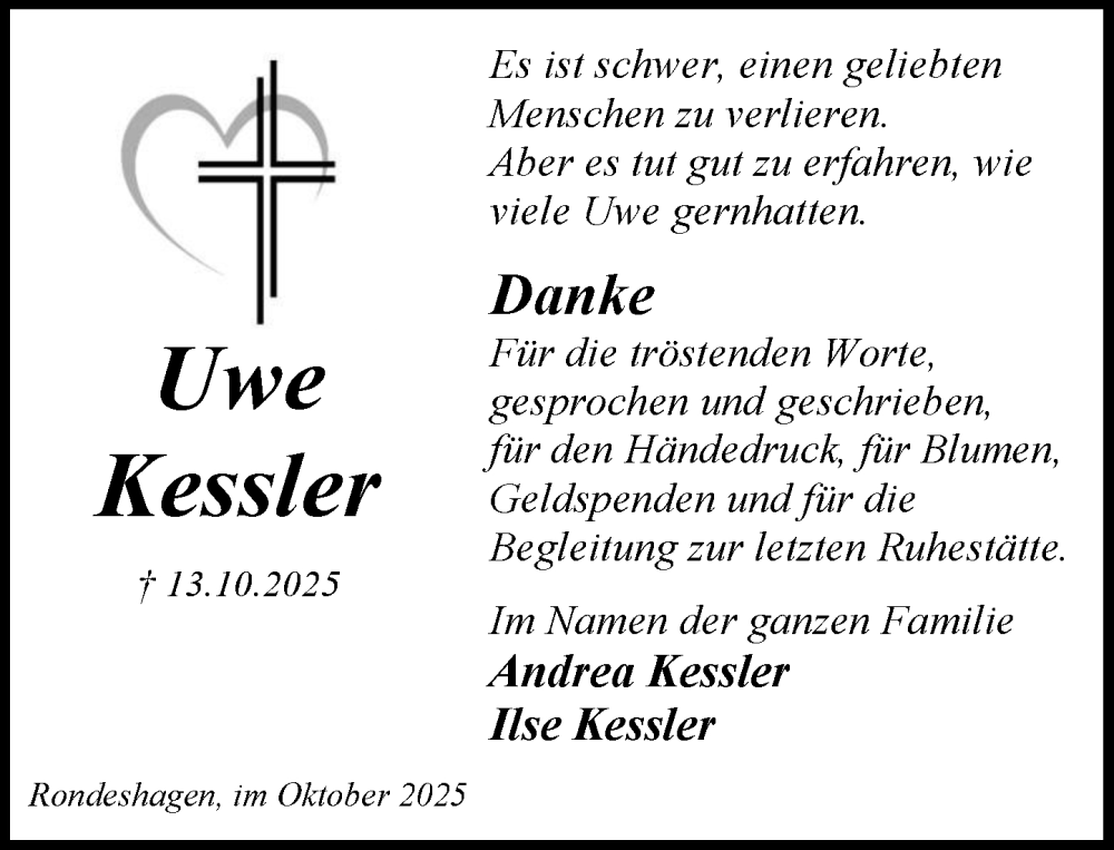  Traueranzeige für Uwe Kessler vom 01.11.2025 aus MARKT Ratzeburg/Mölln