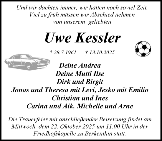 Traueranzeige von Uwe Kessler von MARKT Ratzeburg/Mölln