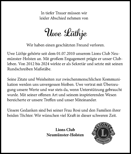 Traueranzeige von Uwe Lüthje von Holsteinischer Courier