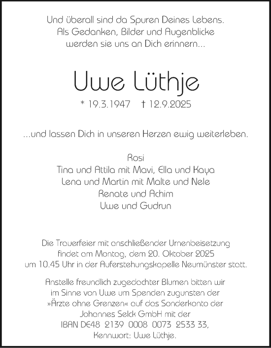 Traueranzeige von Uwe Lüthje von Holsteinischer Courier